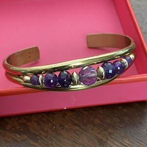 Sergio Lub Bracelet Brass Cuff Purple Glass Beaded Handmade USA 7.5 Inch Jewelry